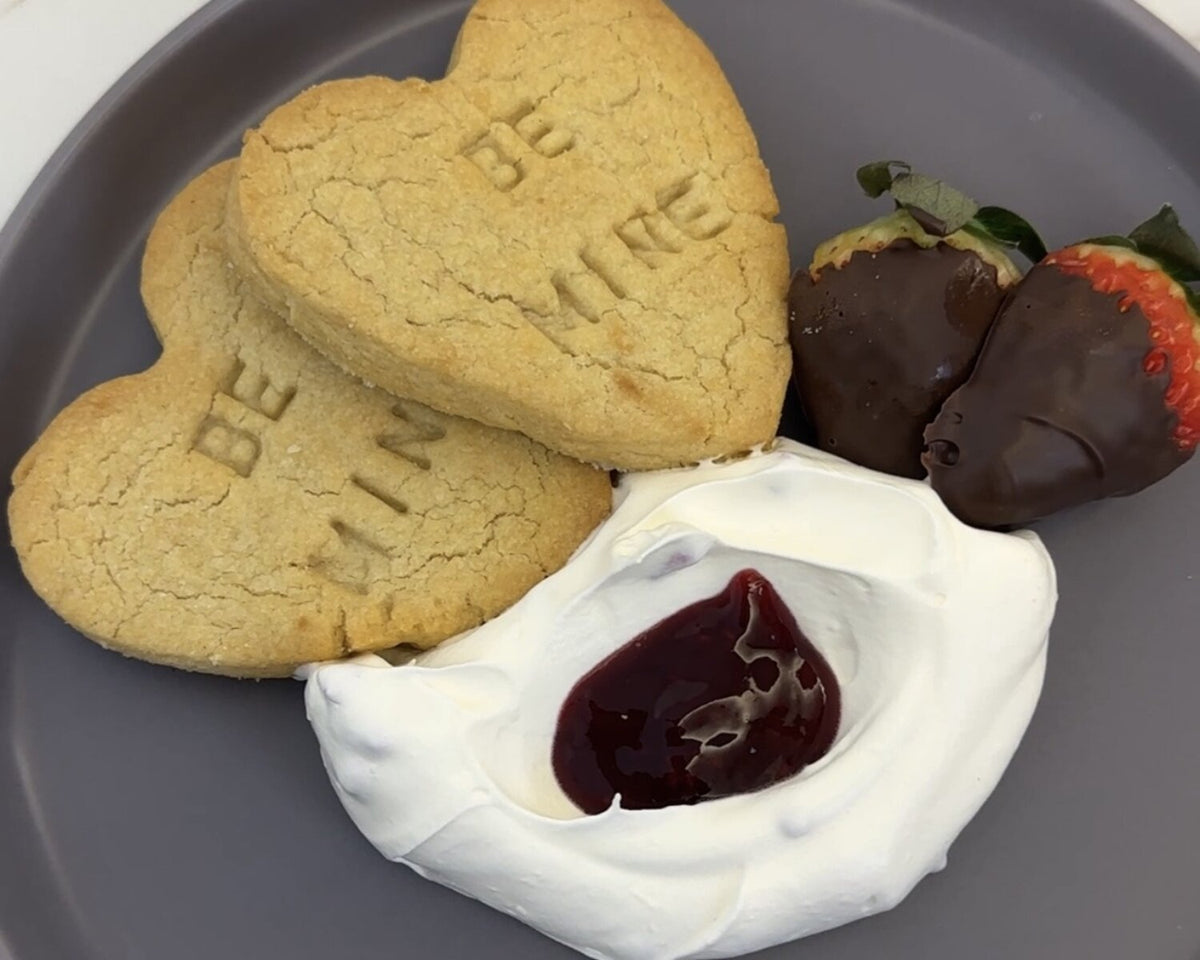 Air Fryer Shortbread Hearts With Chantily Cream & Raspberry Sauce
