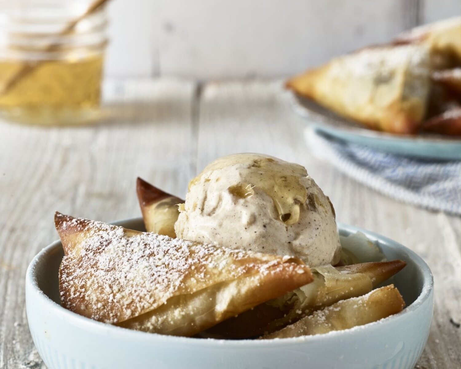 Apple and Sultana Samosas with Stem Ginger & Cinnamon Ice Cream