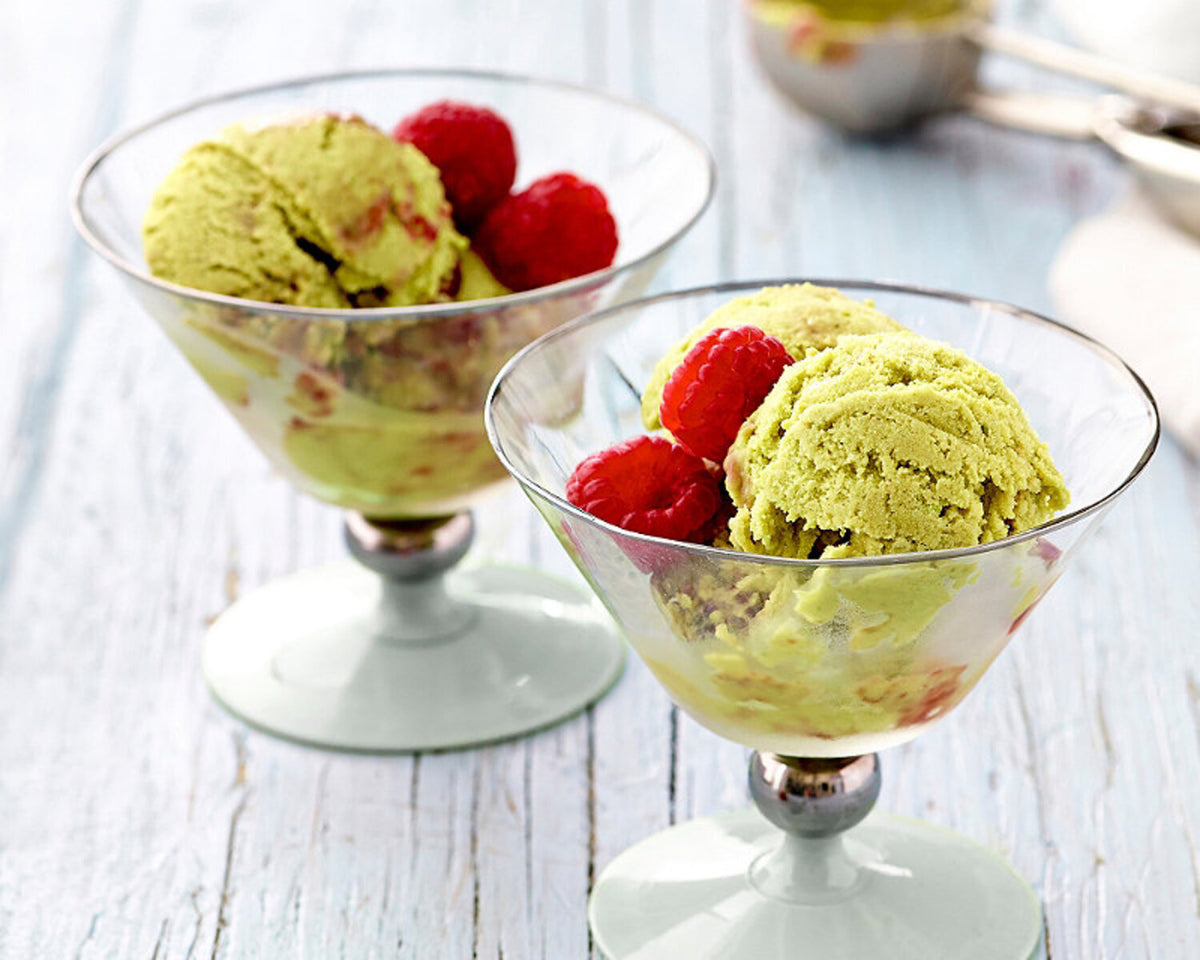 Vegan Avocado & Spinach Ice Cream with Raspberry & Hibiscus Swirl