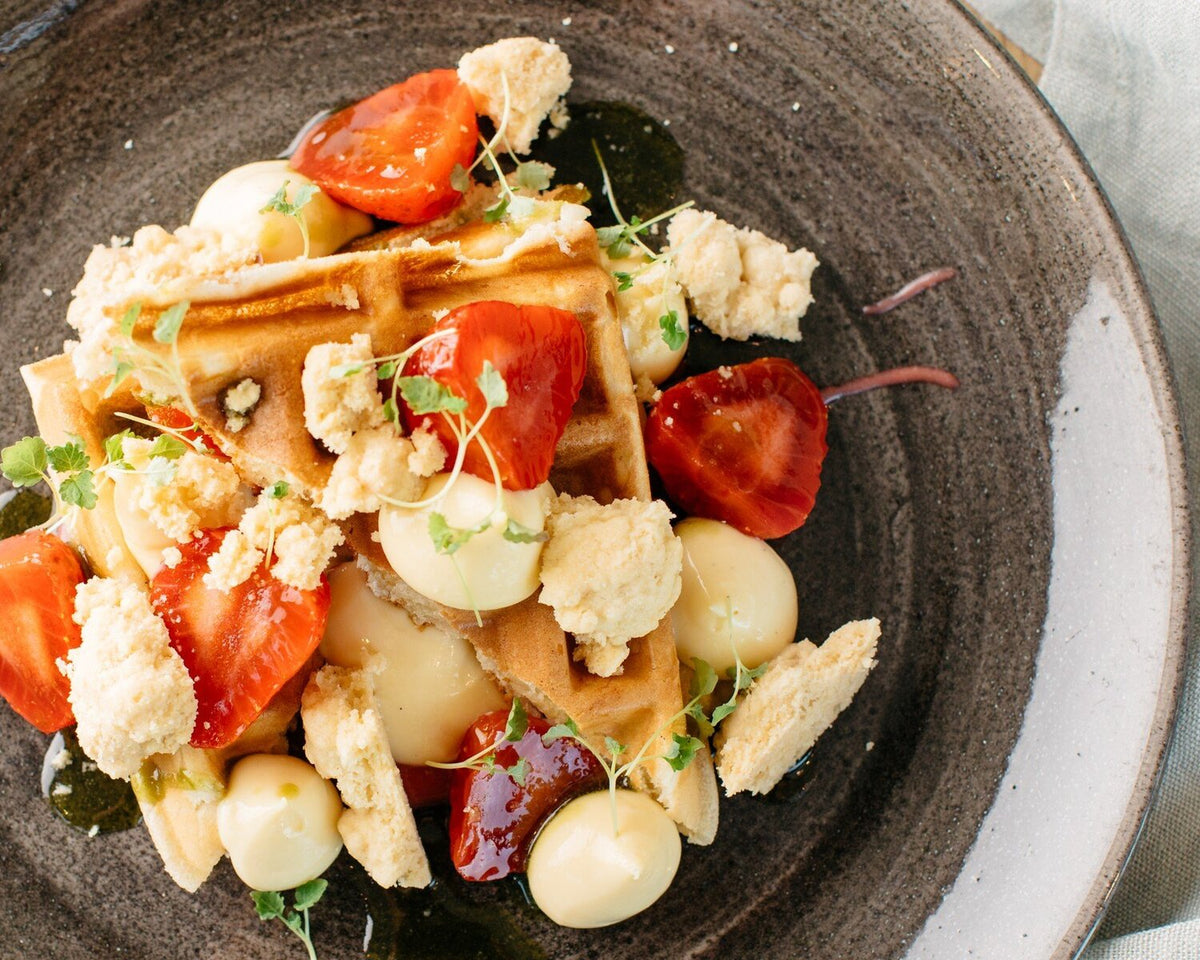 Buttermilk Waffles with Vanilla Custard, Macerated Strawberries, Shortbread and Chervil Syrup