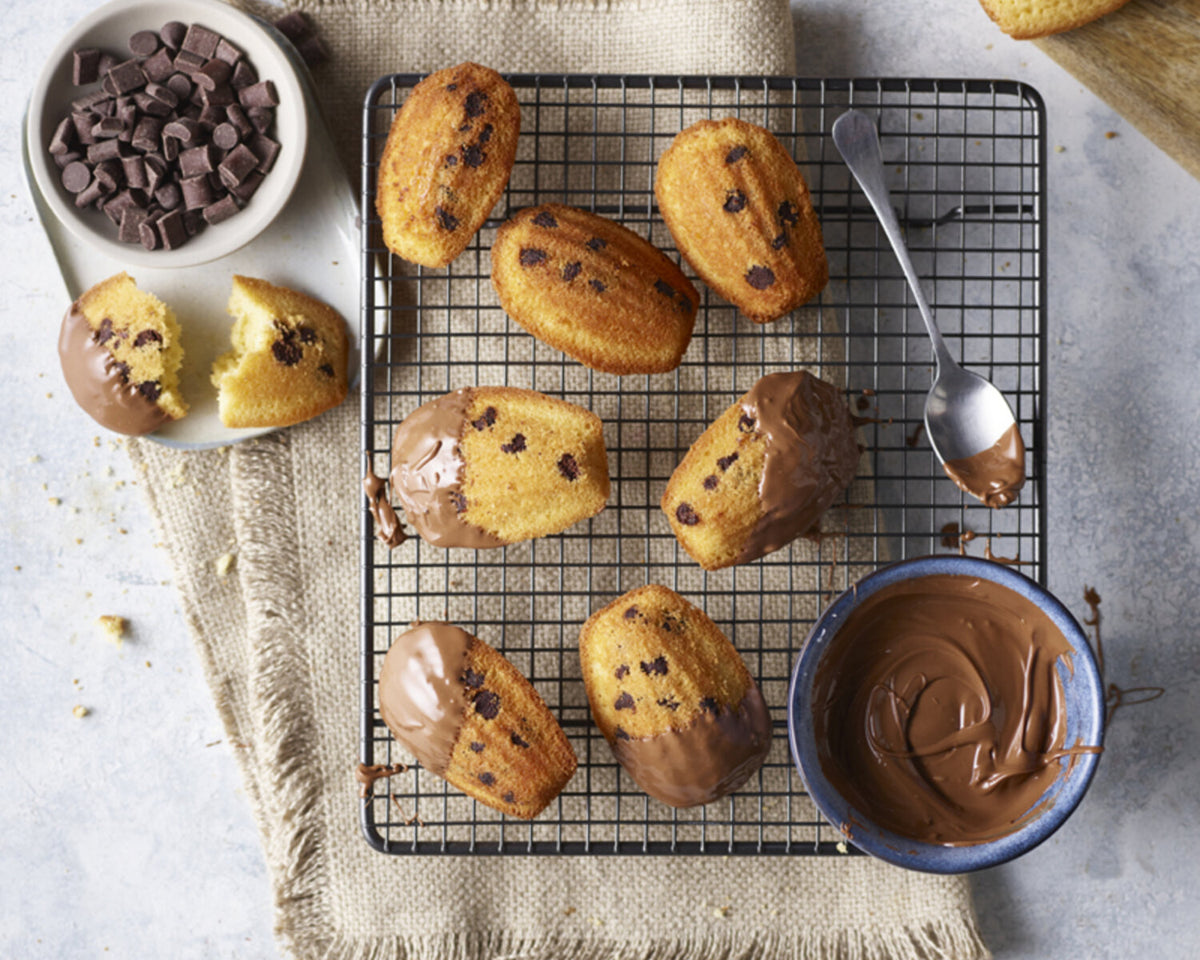 Chocolate-Dipped Chocolate Chip Madeleines