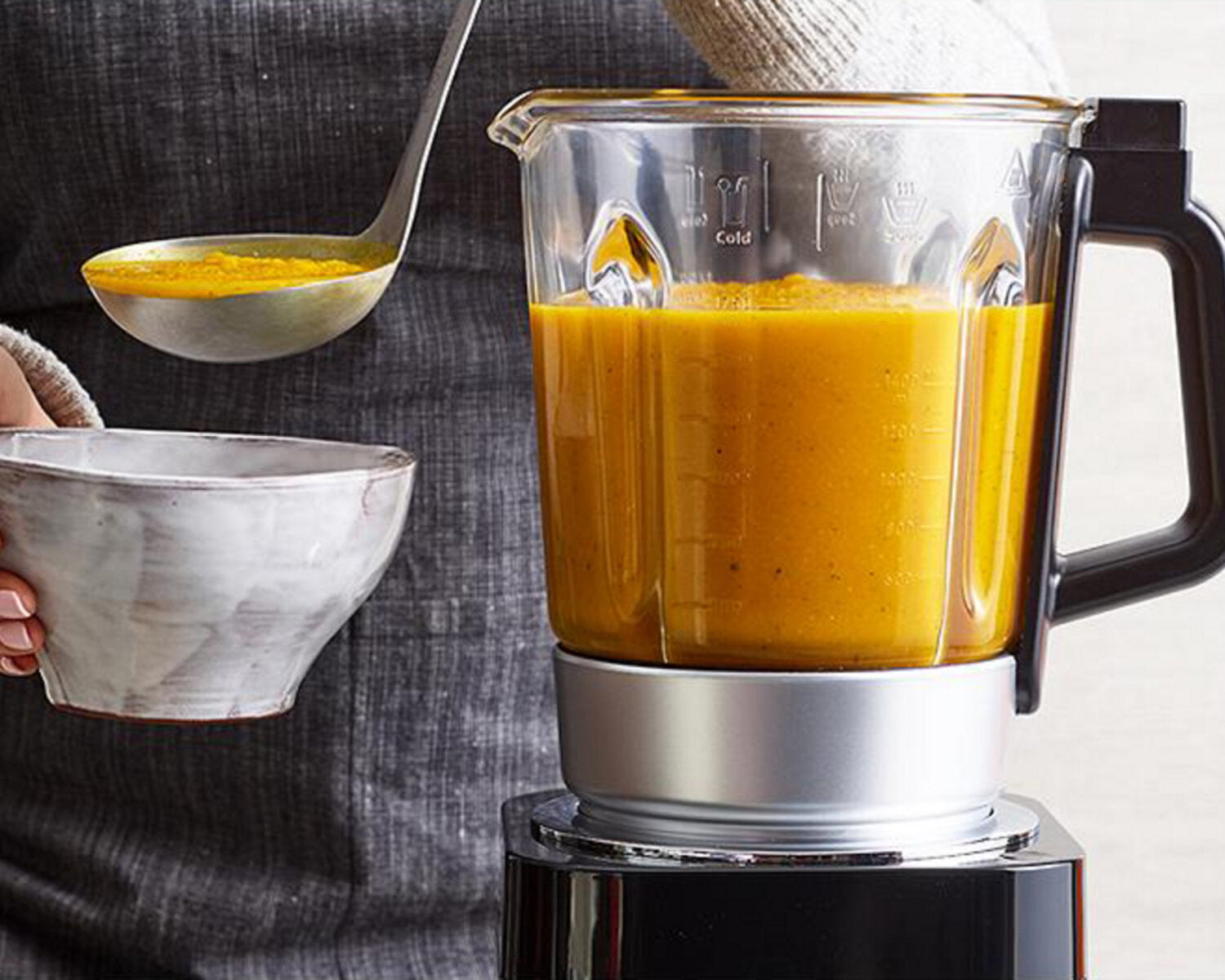 soup making tips blog image with ladel pouring soup out of soup maker into bowl