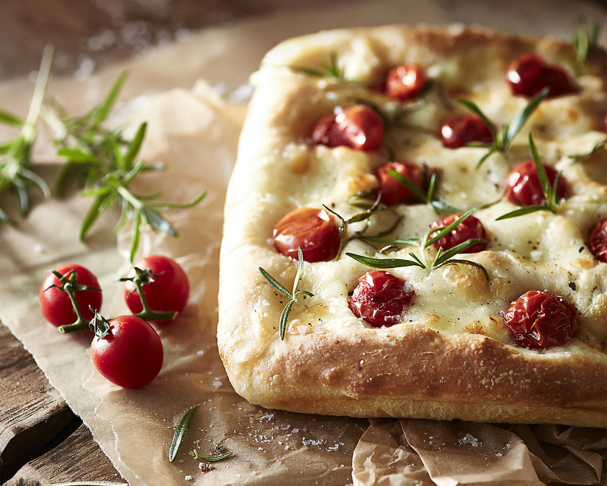 Focaccia with Mozzarella, Cherry Tomatoes & Rosemary