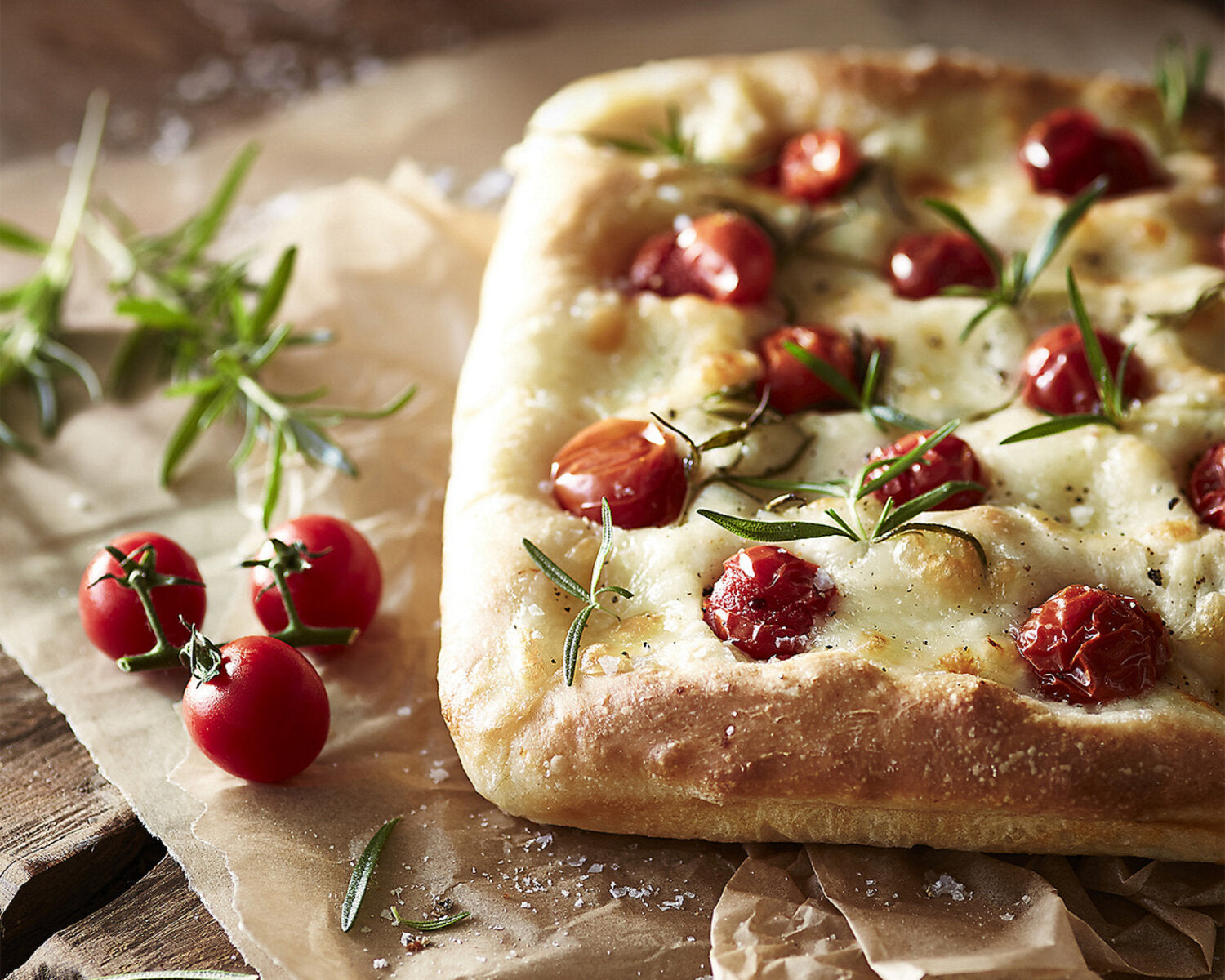 Focaccia with Mozzarella, Cherry Tomatoes & Rosemary