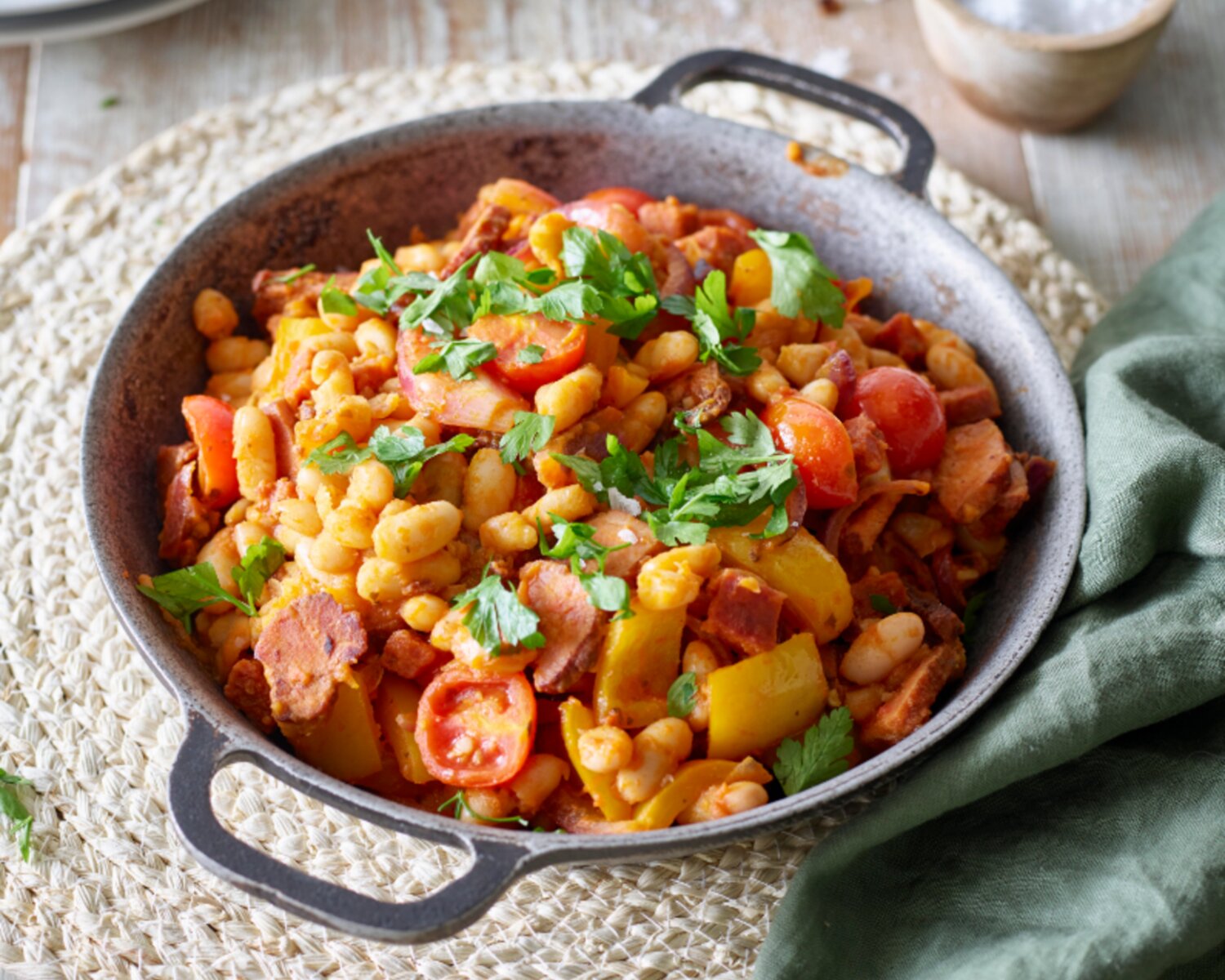 Gammon with Chorizo, Tomatoes & Beans