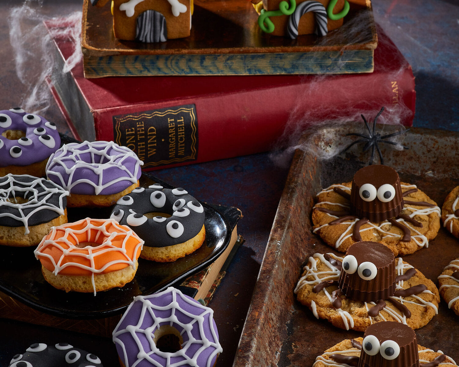 Gingerbread house, cobweb donuts and creepy crawly cookies