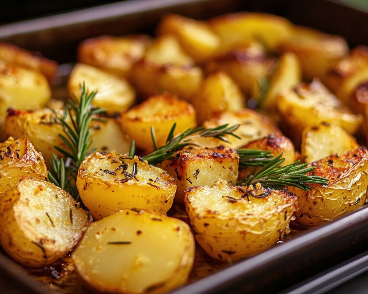 Freshly roasted potatoes, perfectly golden and crispy, are arranged on a baking tray. They are garnished with sprigs of rosemary.