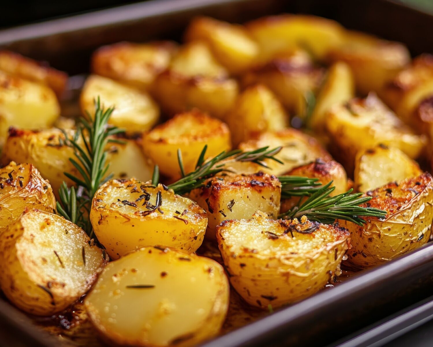 Freshly roasted potatoes, perfectly golden and crispy, are arranged on a baking tray. They are garnished with sprigs of rosemary.
