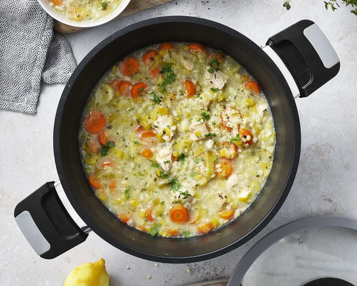 Lemony Chicken Soup with Leeks and Barley for Remoska Tria