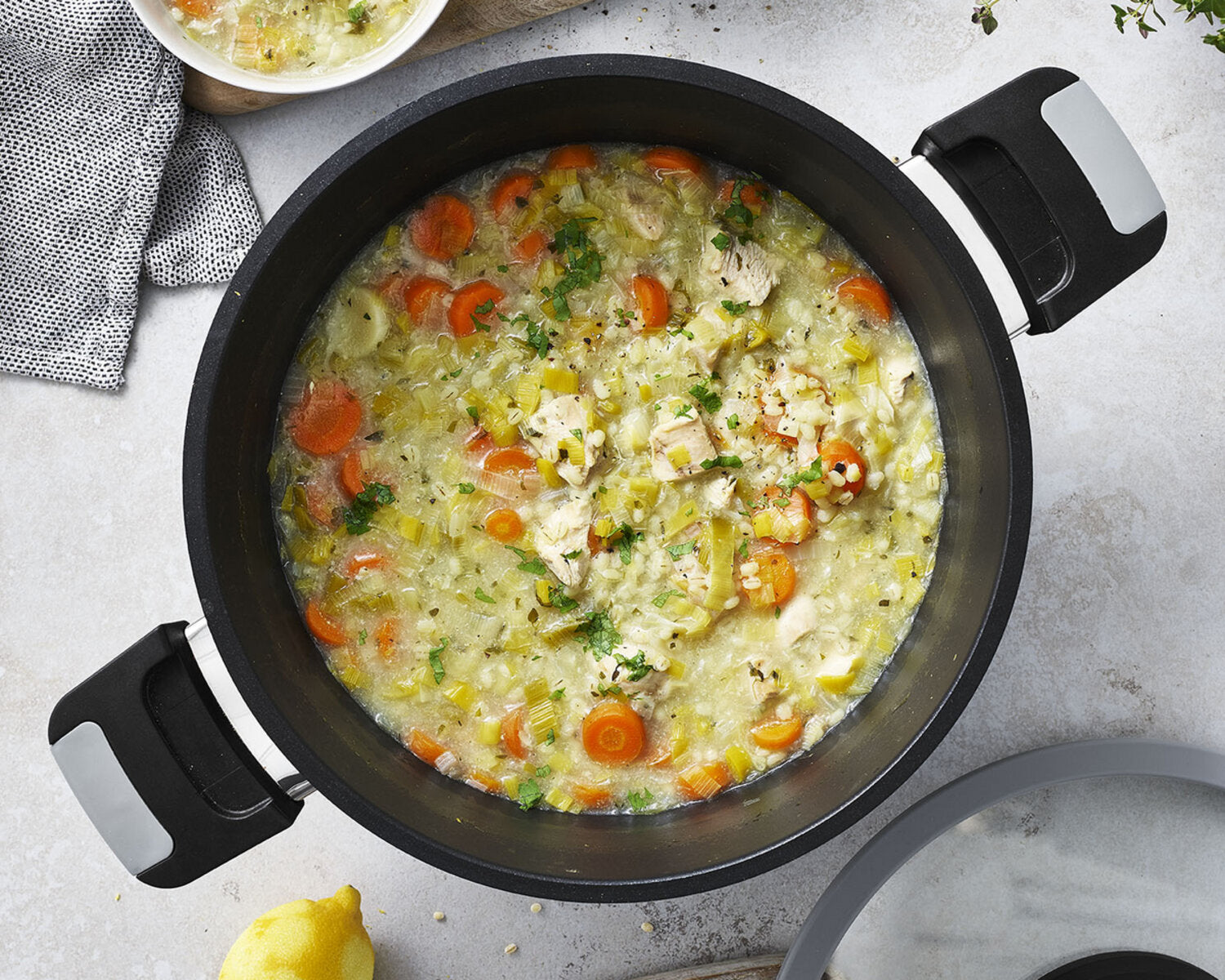 Lemony Chicken Soup with Leeks and Barley for Remoska Tria