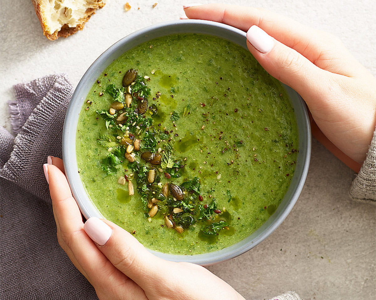 Minty Pea & Potato Soup with Crispy Kale and Seeds