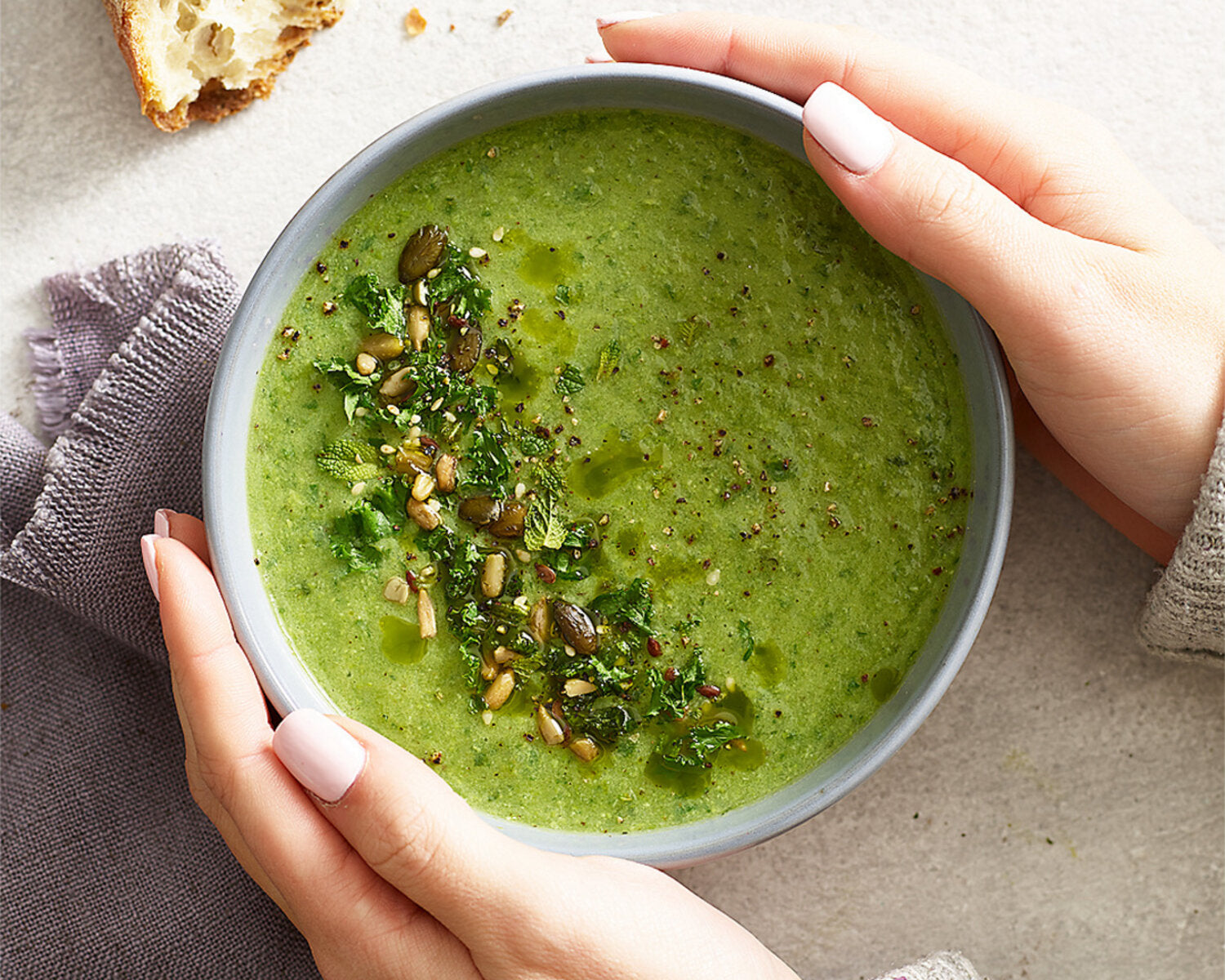 Minty Pea & Potato Soup with Crispy Kale and Seeds
