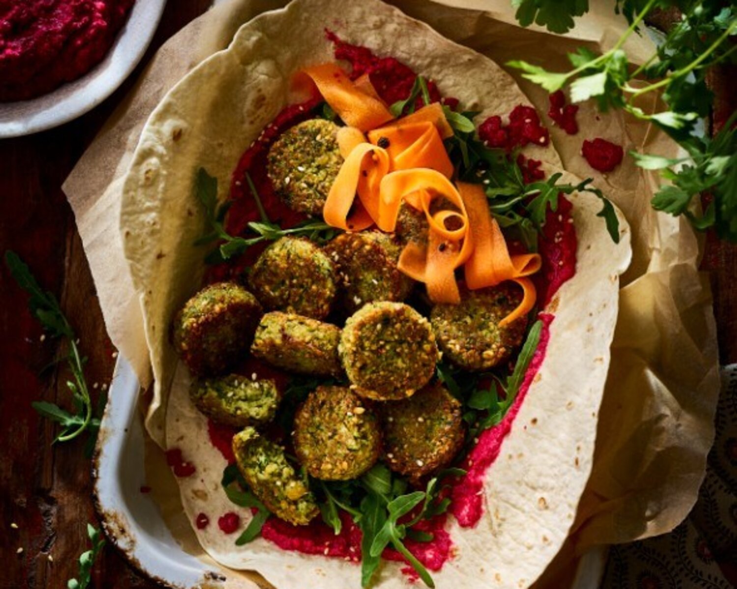Prue Leith’s Falafel Wraps with Beetroot Hummus & Pickled Carrots