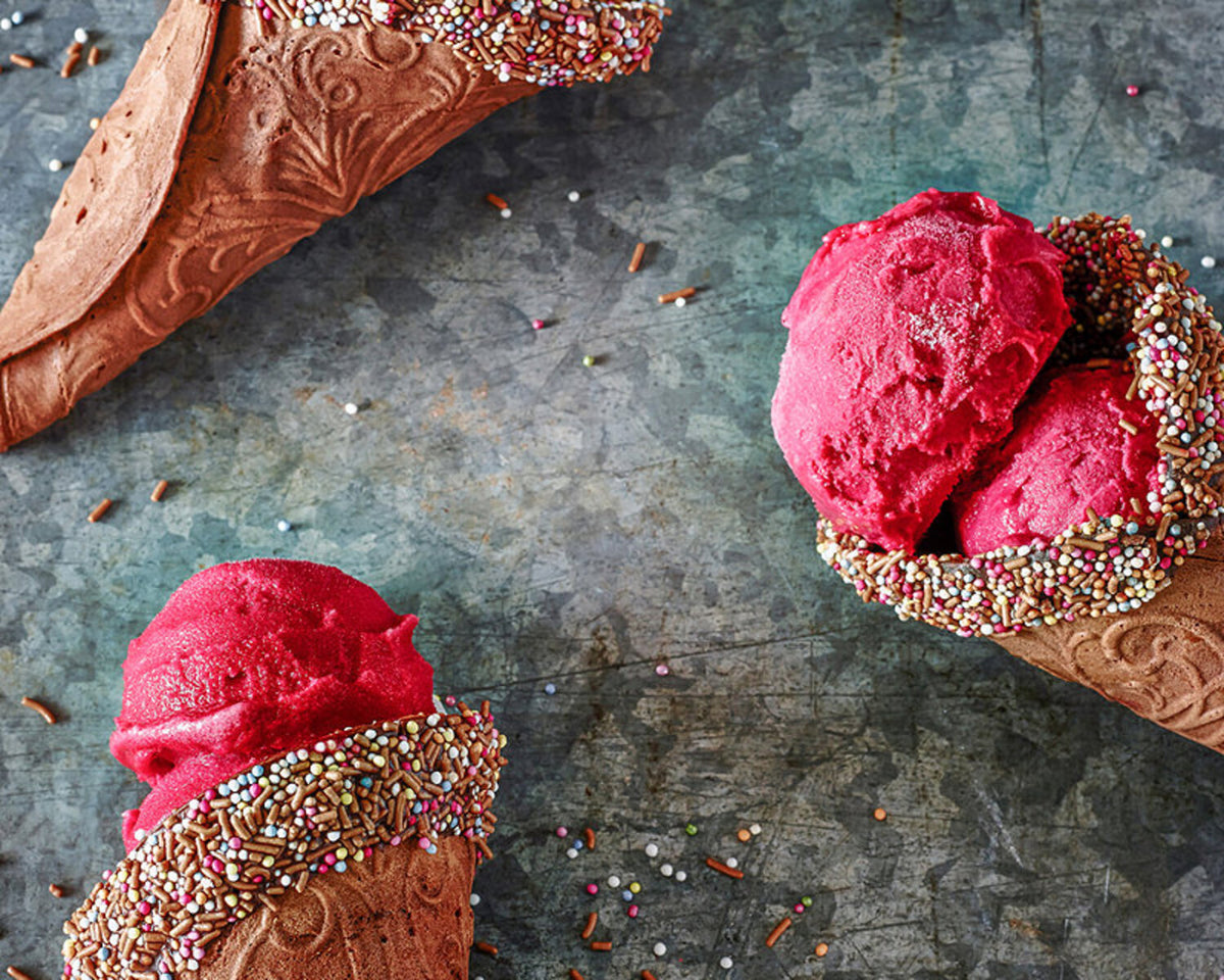 Raspberry Sorbet in a Gluten & Dairy-Free Chocolate Cone