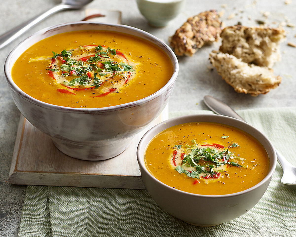 Roasted Carrot, Sweet Potato & Turmeric Soup with Sriracha and Coconut Yoghurt