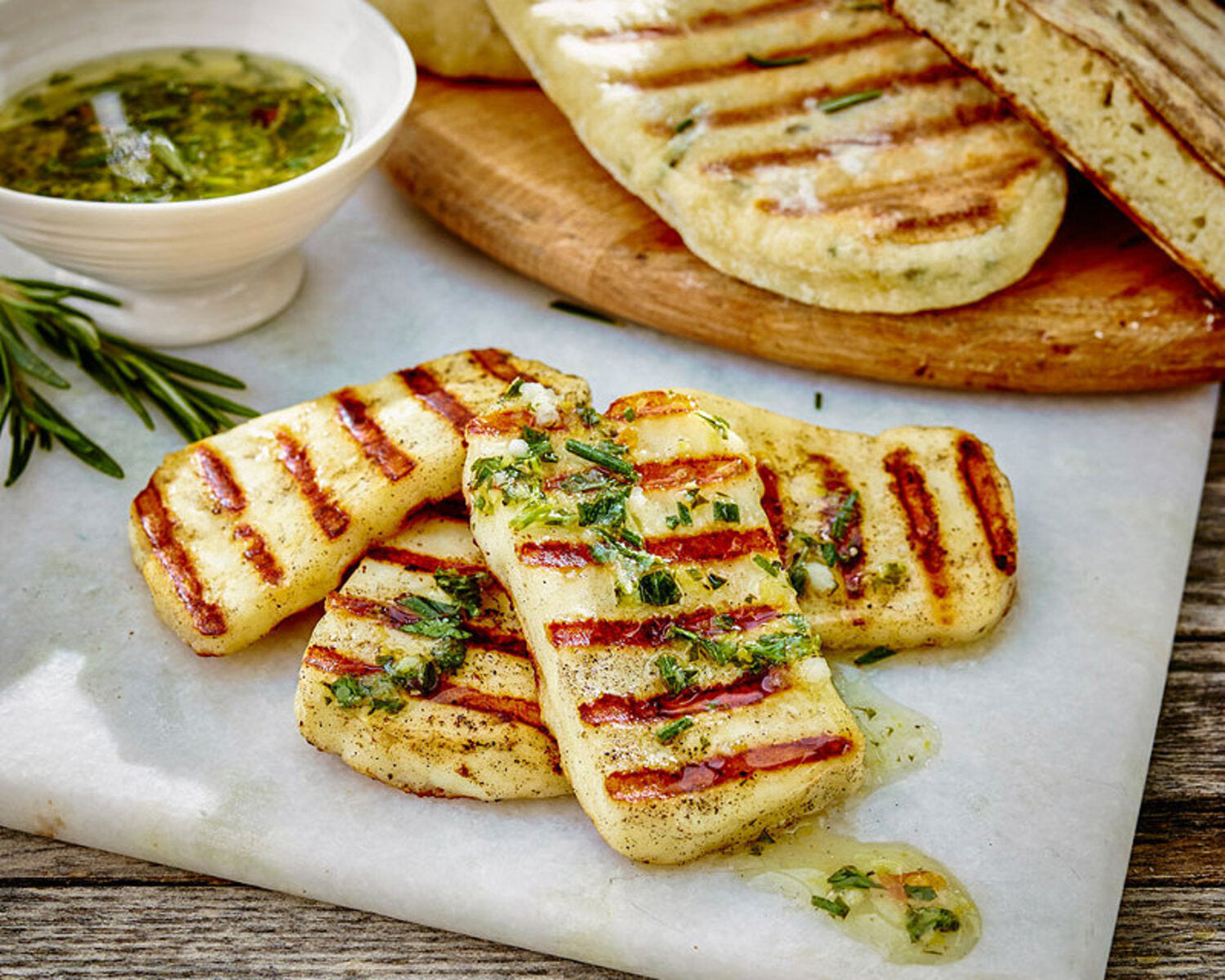 Rosemary Flatbreads with Halloumi & Lemon Dressing