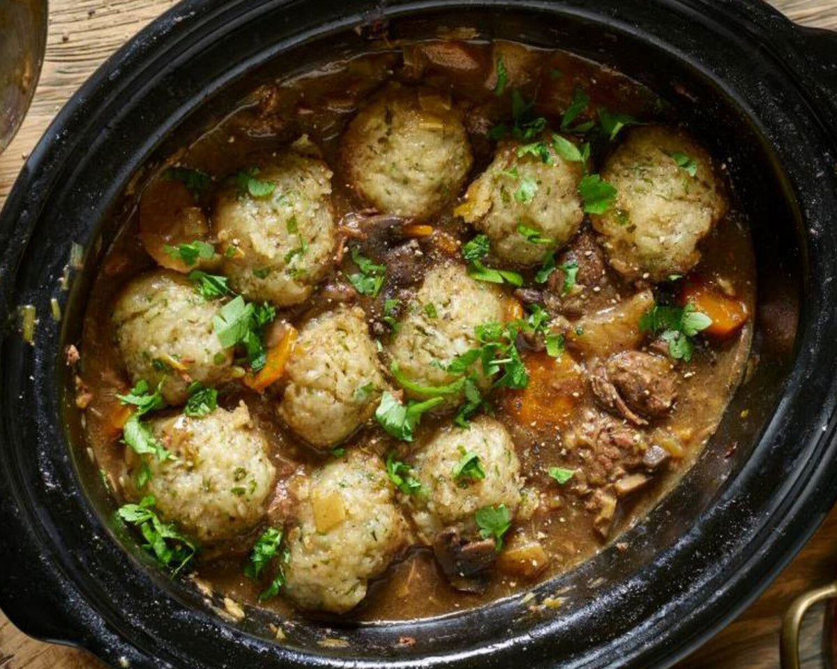 Slow-cooked Port & Venison Casserole with Oatmeal & Parsley Dumplings