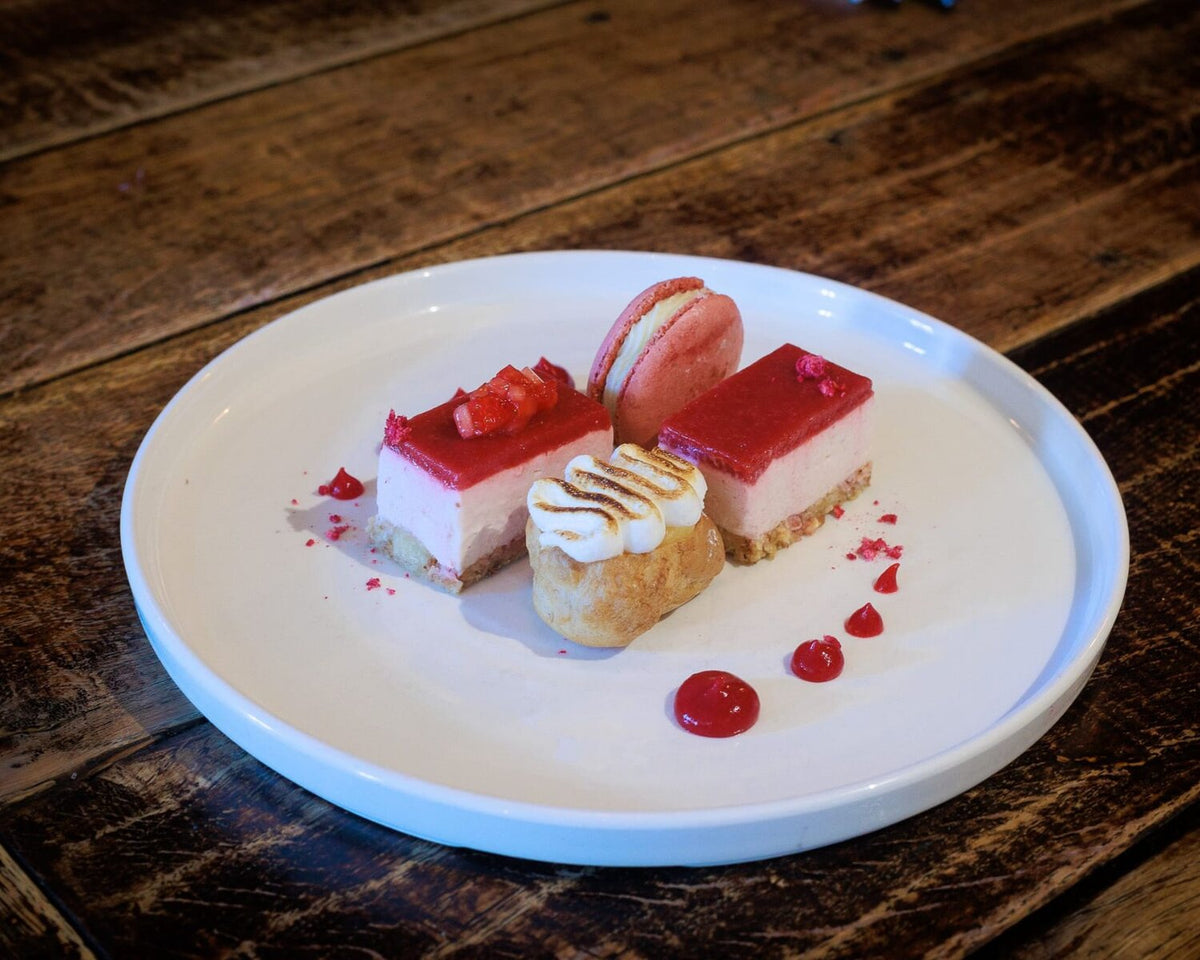 Special Strawberry Dessert Platter with macron, choux buns and strawberry cheesecake