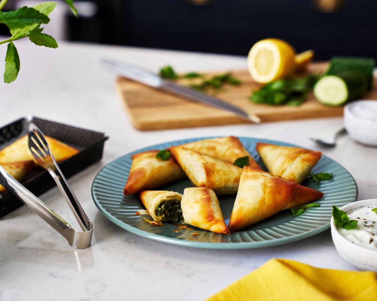 Spinach and Feta Parcels with Cucumber Yoghurt Dip
