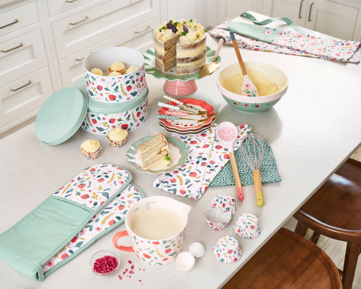 Strawberry patch baking accessories on a table