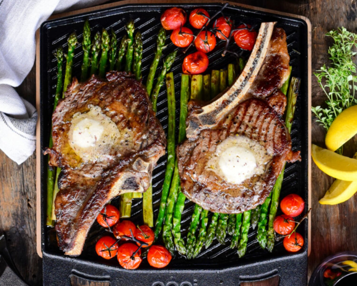 Ooni's Umami Ribeye Steaks with Honey Butter Asparagus