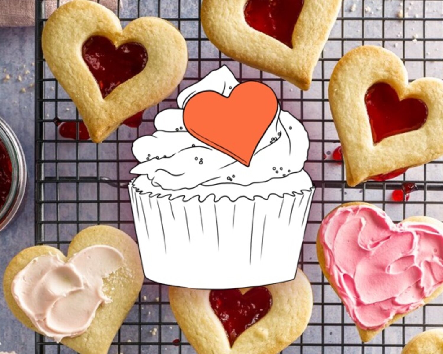 Valentine's love heart cookies and animated cupcake with love heart topper