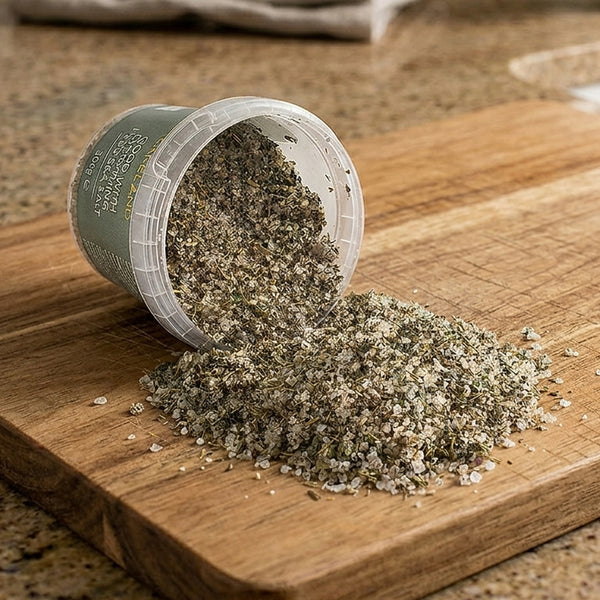 A pot of Lakeland salt spilled on a chopping board.