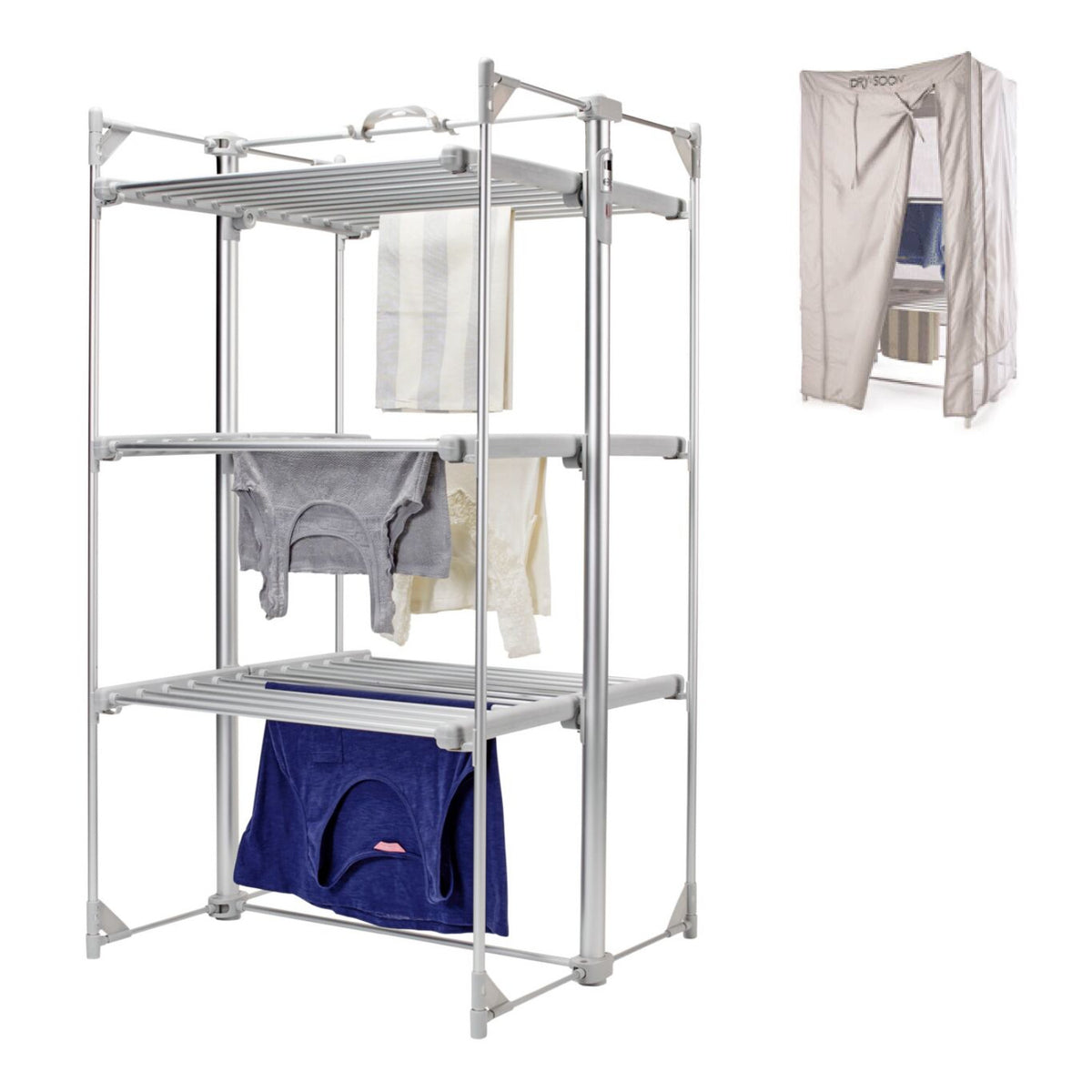Dry:Soon Deluxe grey cover enclosing a three-tier heated airer