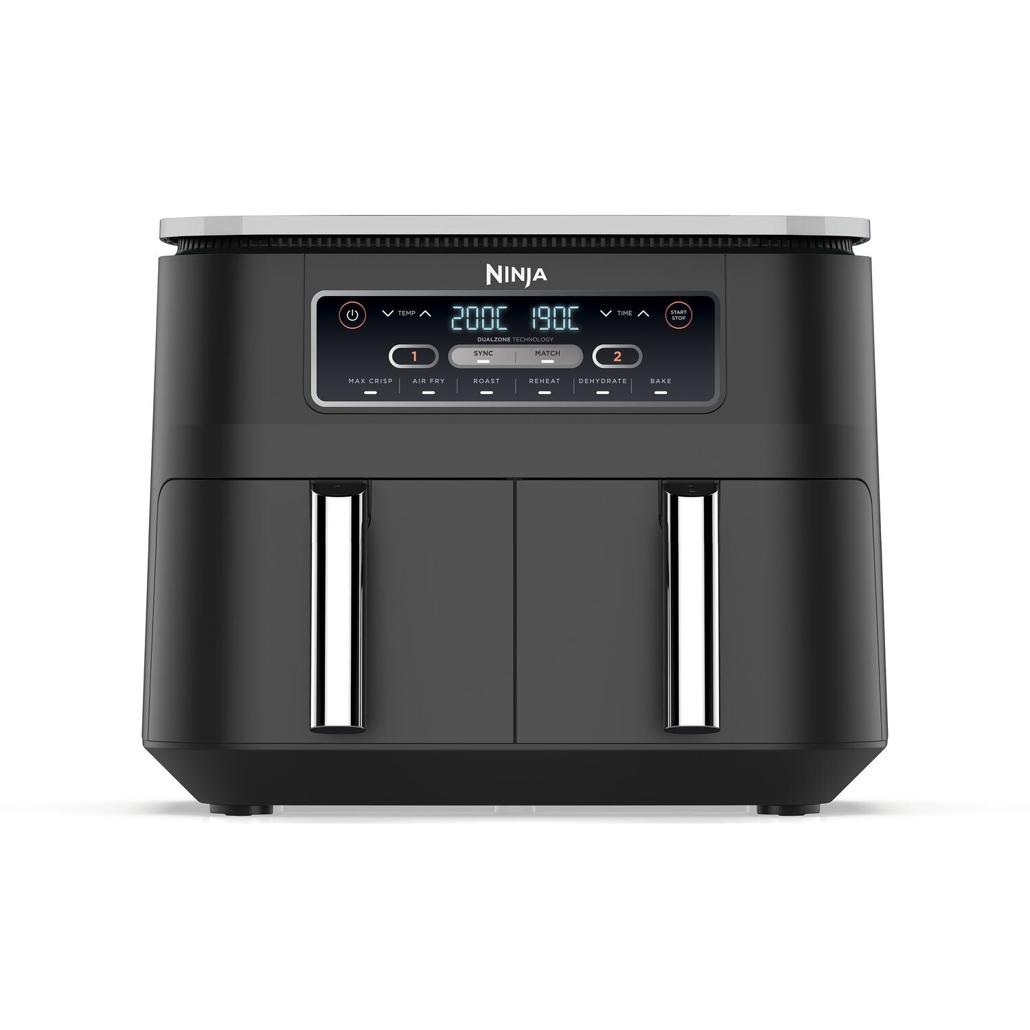 A dual-basket air fryer in black with two side-by-side drawers.