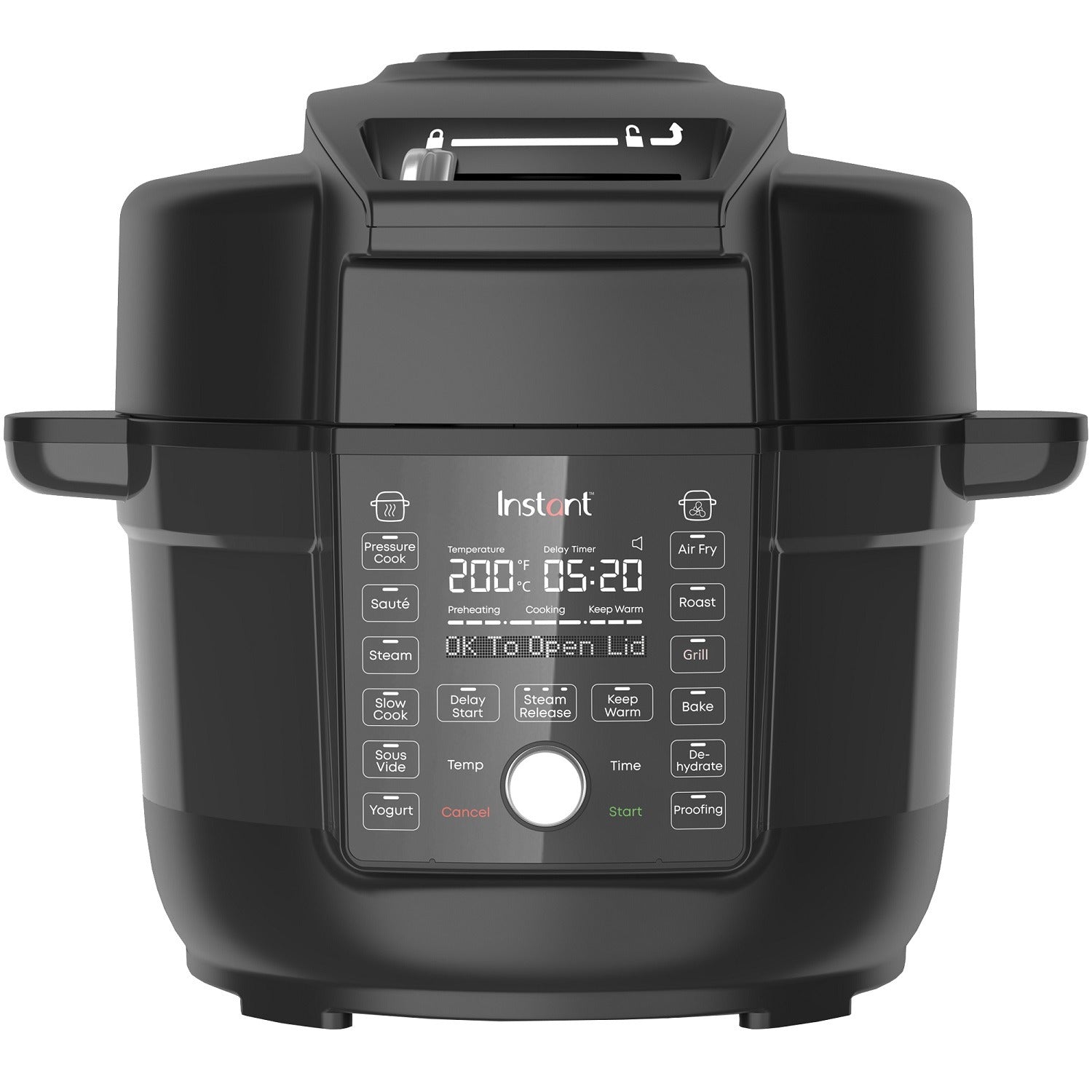 A multi-cooker with two lids, one for pressure cooking and one for air frying.