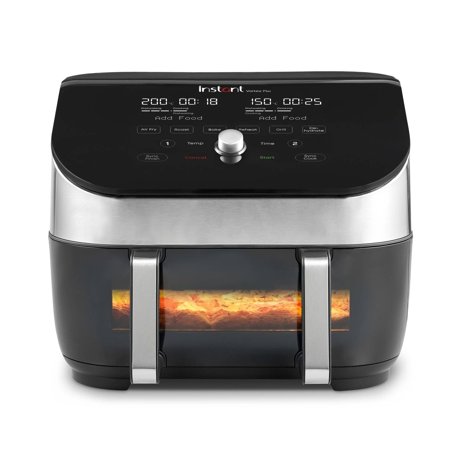 A dual-basket air fryer with clear windows in both drawers.